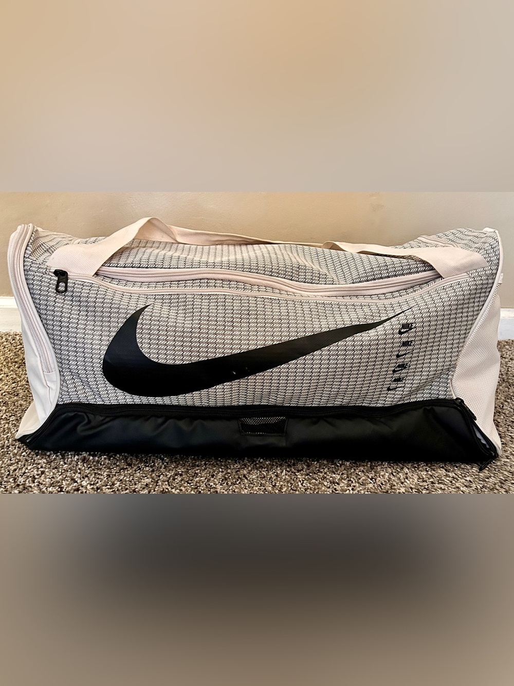 Nike Gray & Black Patterned Duffel Bag with Black Swoosh